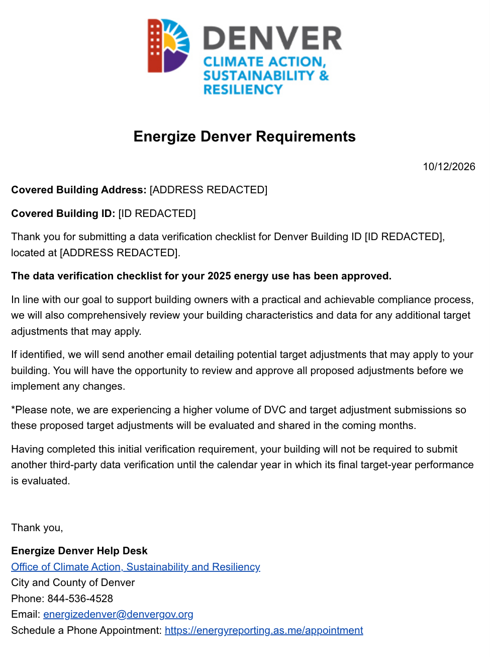 Anonymized October 12 City email confirming approval of the 2025 data verification checklist.
