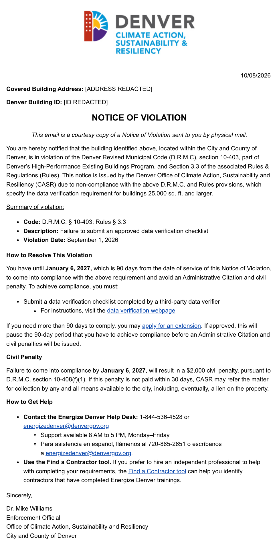 Anonymized City Notice of Violation, issued October 8, 2026. Address and building ID are redacted.