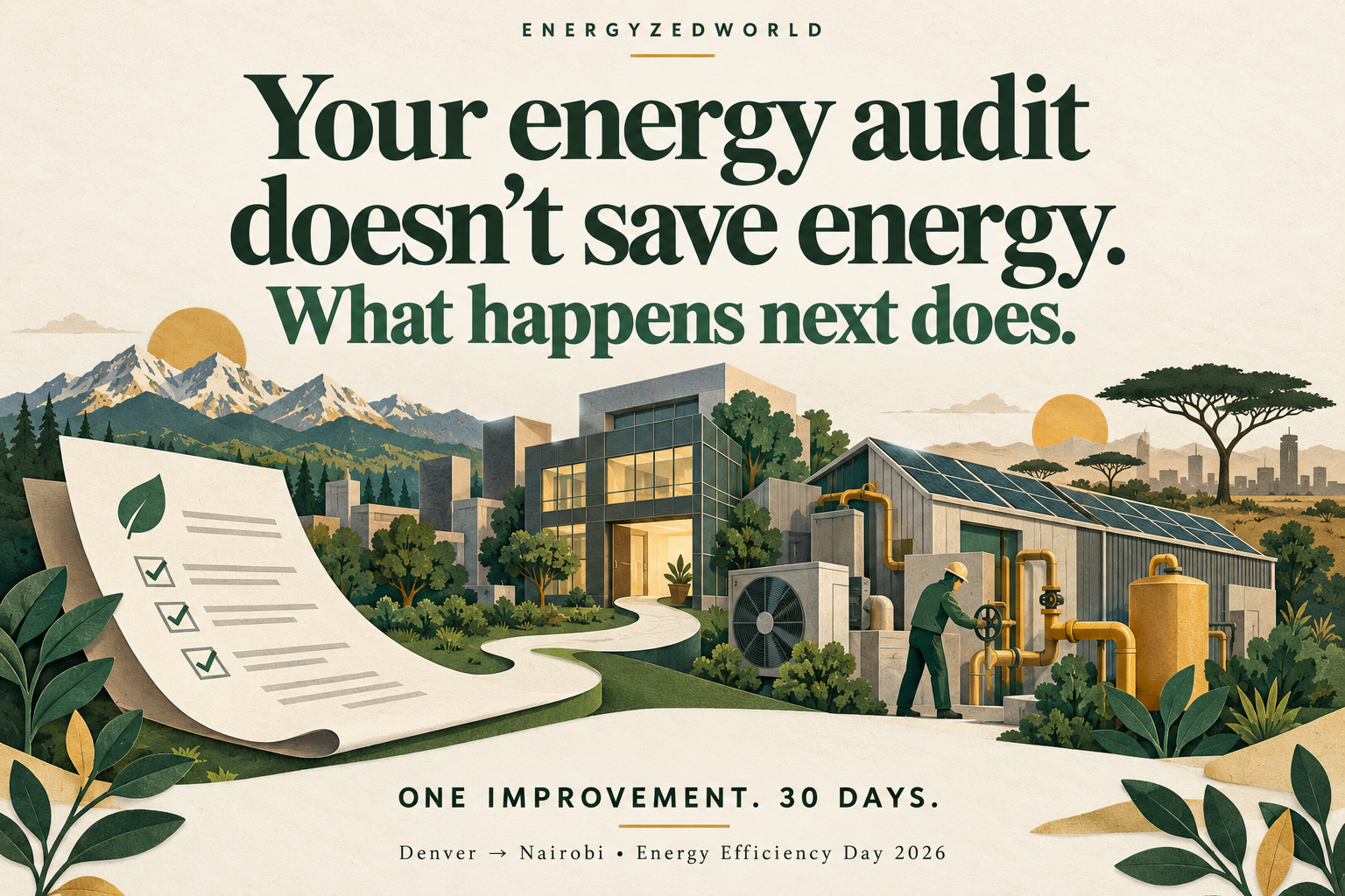 Conceptual illustration of an audit report becoming a path to building and industrial improvements, connecting Denver and Nairobi.