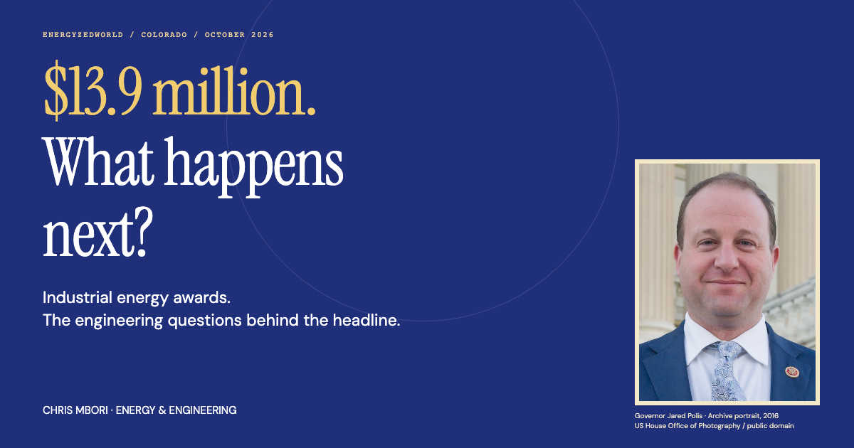 Colorado industrial energy awards with an archive photograph of Governor Jared Polis and the headline: $13.9 million. What happens next?